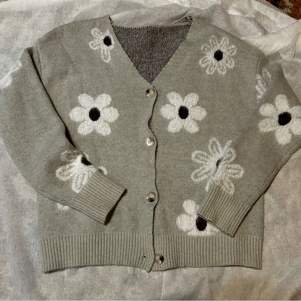 SHEIN Gray Floral Knit Cardigan Sweater - White Flower Accents